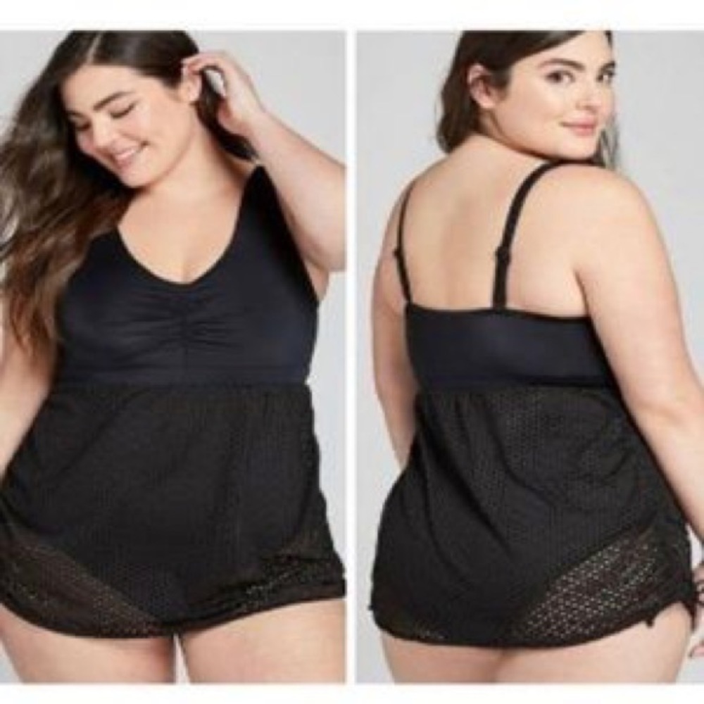 Swim Cacique One Piece Bathing Suit w/ Attached Eyelet Skirt Black Size 20 NWT